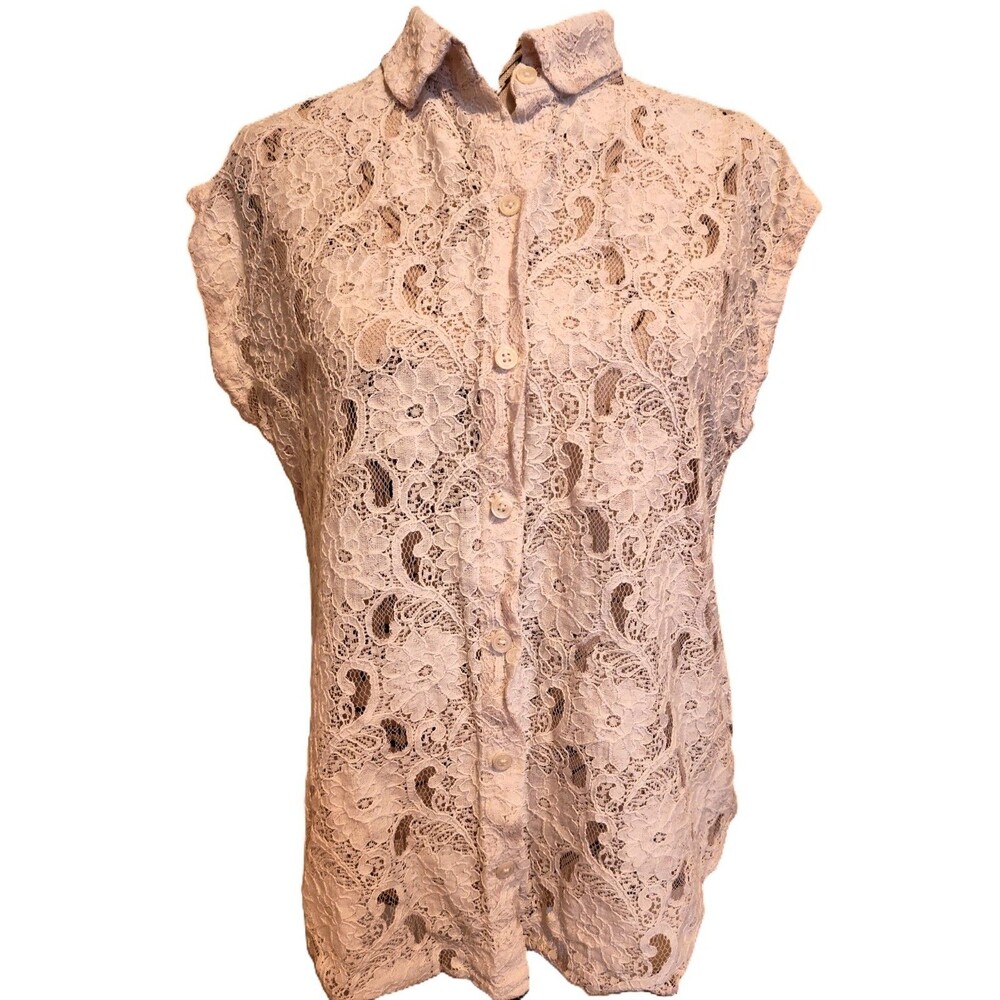VanHeusen Studio Button Down Short Sleave Ivory Cream Lace Overlay Blouse Size M